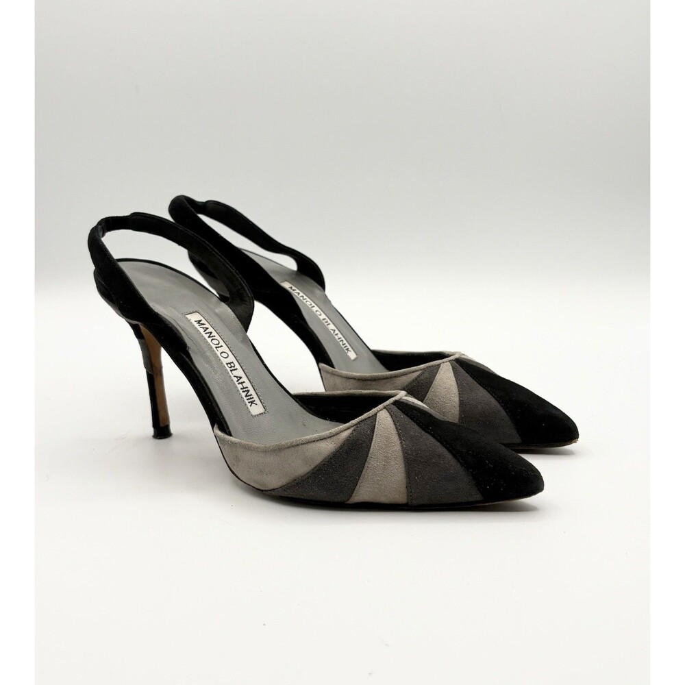 Manolo Blahnik Gray & Black Suede Stripes Slingback Pointed Toe Heels Size EU 35 - Picture 5 of 13